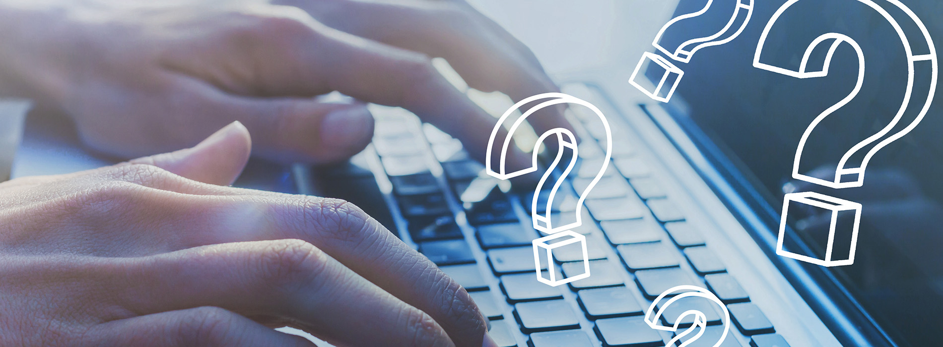The image shows a close-up view of a human hand typing on a computer keyboard with an overlaid graphic of a question mark symbolizing confusion or seeking information.