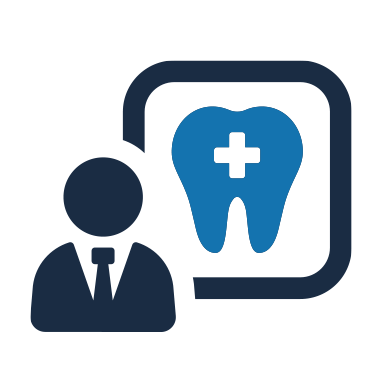 The image depicts a graphic icon with a stylized dental care theme, featuring a tooth and a smiley face, set against a blue background with a white border. Accompanying the icon are two figures  on the left, there s a silhouette of a person wearing a suit, and on the right, there is an icon representing a doctor or medical professional. The overall design suggests a connection to dental health services or a dental clinic.