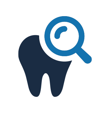 The image features a graphic icon with a magnifying glass centered on a stylized tooth, which is part of a dental care theme.
