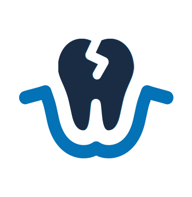The image shows a stylized graphic of a tooth with a crack, set against a dark background, accompanied by a small icon of a dental implant or a toothbrush on the right side.