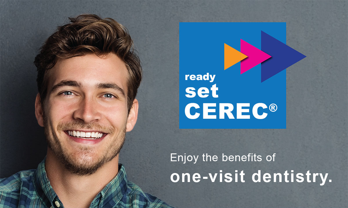 The image features a man with a beard smiling at the camera, standing against a blue background with the text  READY SET CEREC  prominently displayed above him, and an advertisement for dental implants below him that includes a logo and the phrase  OR REPLACE VISIT DENTISTRY.  The overall style of the image suggests it is an advertisement for a dental service.