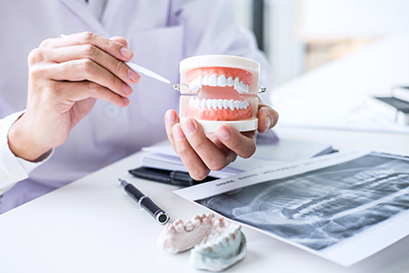 A dental professional examines a model mouth with a magnifying glass, holding a toothbrush and a cup of dental tools.